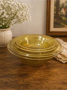 Vintage Amber Glass Dessert Bowls Set of 3 | Ribbed Glass Serving Bowls